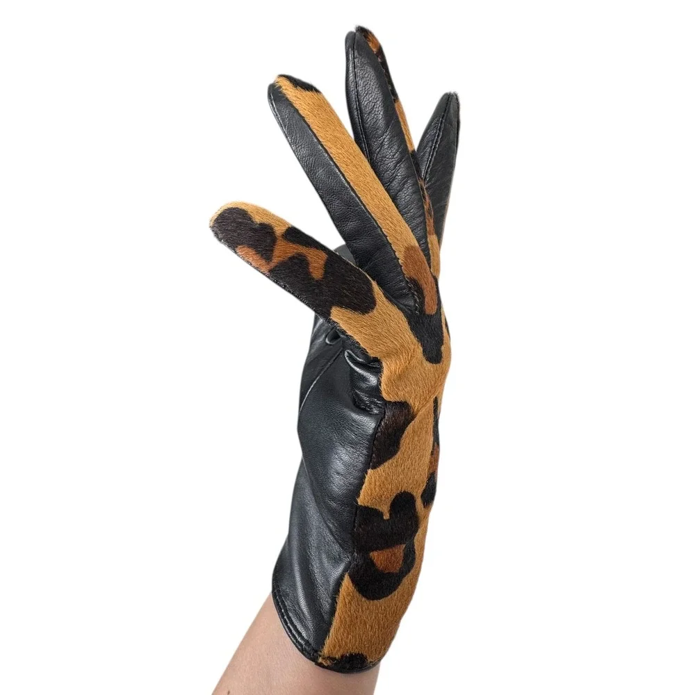 New Chicos Black Label Leopard Gloves‎ S Black Leather Pony Hair Mob Wife Chic